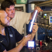 Professor David Carroll works with graduate student Greg Smith on the new lighting technology, FIPEL.