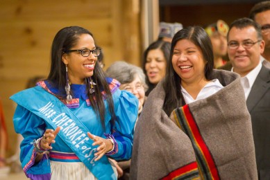 Wake Forest hosts the Celebration of American Indian Cultures event at The Barn on Wednesday, November 28, 2012, with traditional dances and drumming, presentations by Lumbee and Cherokee leaders, and a shared dinner.  Amanda Finney ('13), the president of the Native American Students Association, left, and founder Lucretia Hicks ('10, MAM '11) lead a procession.