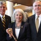From left: Dean of Business Steve Reinemund, Trustee Mary Farrell (P '10) and President Nathan Hatch.