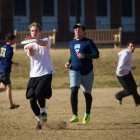 The Wake Forest Ultimate Frisbee team practices on Poteat Field.