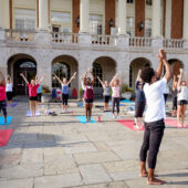 Students doing yoga at Reynolda Hall