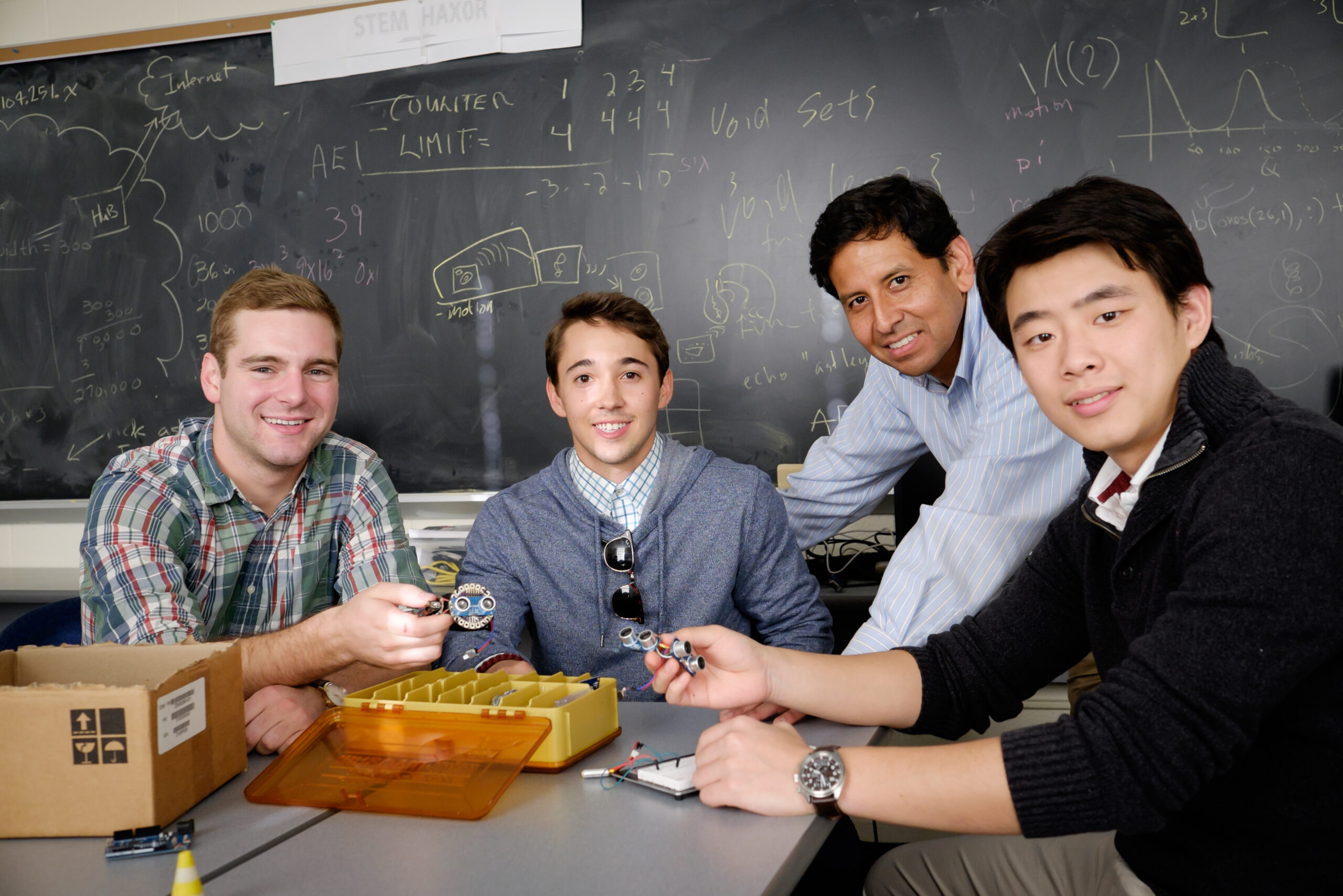 STEM incubator project partners and mentor, l-r, Jack Janes, Dominic Prado, Paul Pauca and Ran Chang.