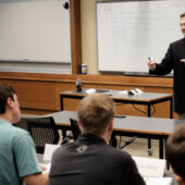 James Otteson, executive director of the BB&T Center for the Study of Capitalism and teaching professor, explores the moral role of business with his undergraduate students in Farrell Hall.