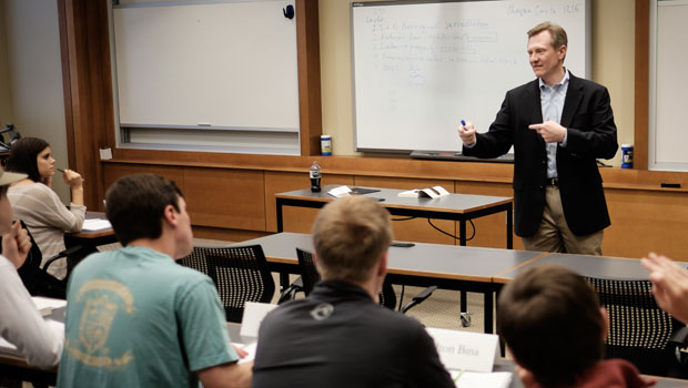 James Otteson, executive director of the BB&T Center for the Study of Capitalism and teaching professor, explores the moral role of business with his undergraduate students in Farrell Hall.