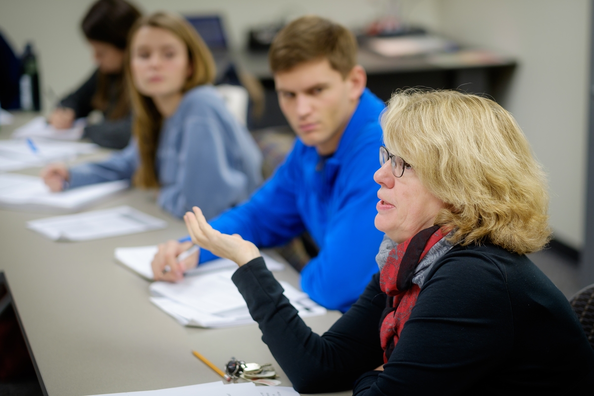 Politics and international affairs majors discuss policy in Harriger's seminar class