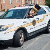 Demon Deacon riding in EMT vehicle