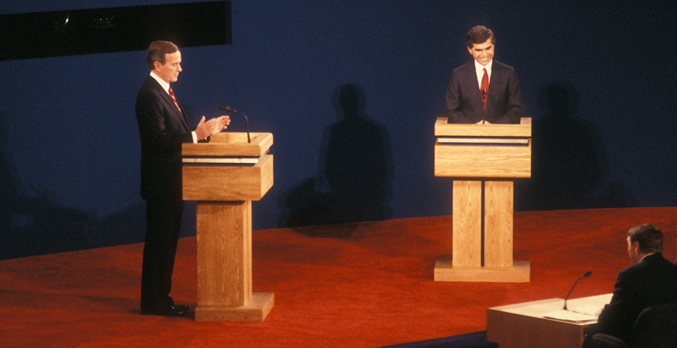 Former President George H.W. Bush and then-Mass. Gov. Michael Dukakis debate at WFU in 1988