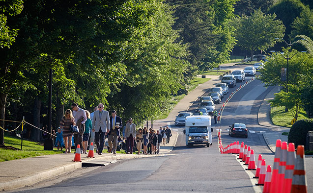 Traffic on campus during a Wake Forest Commencement