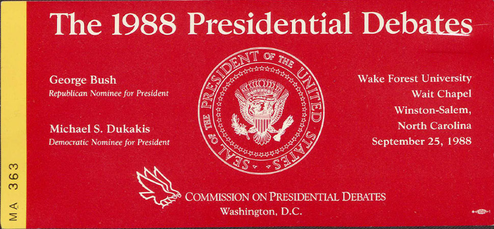 Ticket stub for the 1988 Presidential Debate at Wake Forest