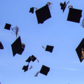 Graduation caps flying through the air