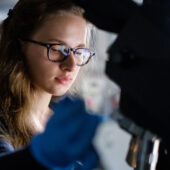 A female engineering students works in a lab at Wake Forest University