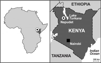 Map of Africa and Kenya, showing the location of Napudet, where Alesi was found. © Isaiah Nengo.