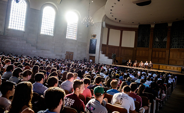 A panel discussion in Wait Chapel at Wake Forest University.