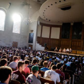 A panel discussion in Wait Chapel at Wake Forest University.