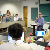 Wake Forest political science professor Michael Pisapia teaches his class on modern political thought in Kirby Hall.