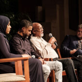 David Zirin, a sportswriter for The Nation, hosts a panel of athletes to talk about Sports and Community: fencer Ibtihaj Muhammad, basketball player Mahmoud Abul-Rauf, and track athlete John Carlos.