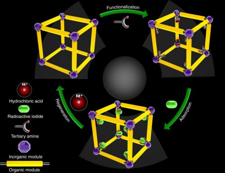 The design strategy. A schematic illustrating the design of a recyclable MOF molecular trap for effective capture of radioactive organic iodides from nuclear waste
