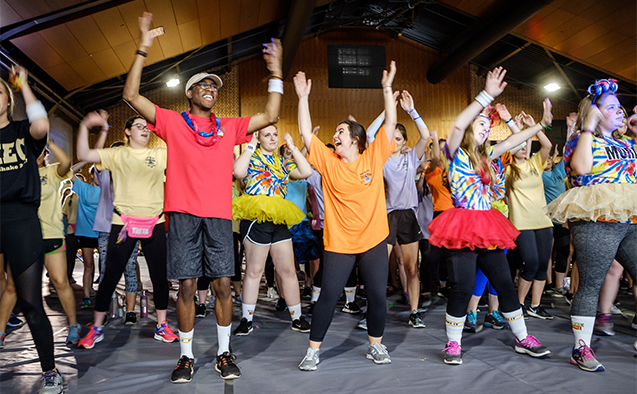 Students at Wake Forest participate in a 12-hour dance marathon to raise money for cancer research