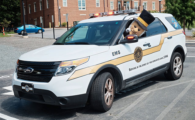 The Demon Deacon drives a Wake Forest Emergency Medical Service (EMS) vehicle.