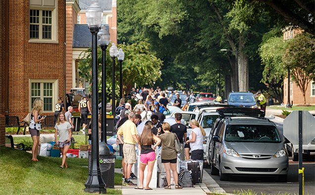 Wake Forest first year students move into their residence halls on south campus on the annual move in day on Wednesday, August 23, 2017.