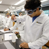 Wake Forest students work on a lab procedure in the general chemistry lab in the newly renovated Salem Hall on Monday, September 10, 2018. First year Zohaib Khawaja ('22) works on his experiment.