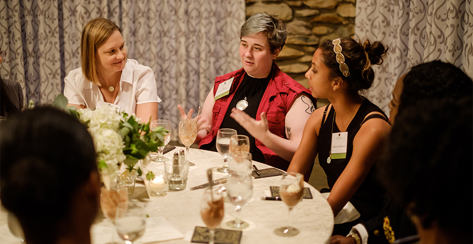 Allison McWilliams ('95) and Madison Hammond ('20) listened to Char Van Schenck ('19) at the campus Call to Conversation launch.