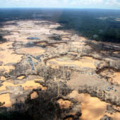 Aerial image of gold mining in the Amazon rain forest.