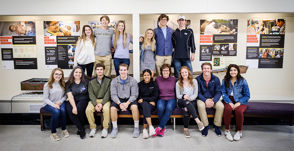 Wake Forest biology professor Pat Lord and the students in her first year seminar hang posters in the lobby of Winston Hall on Thursday, November 8, 2018. The work in the exhibit is on disease outbreaks, epidemics, and their prevention.