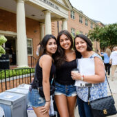 The Wake Forest Class of 2023 moves into their first-year residence halls on South Campus on Wednesday, August 21, 2019. Himani Nayyar ('23) poses with her sister and her mom outside Collins.