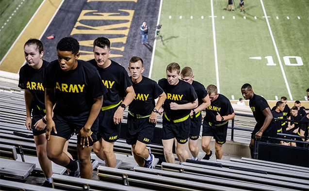 Wake Forest and Winston-Salem State ROTC cadets, city firefighters, police cadets, and members of the campus community climb 2997 stairs at BB&T field to commemorate those killed in the 9/11 attacks, on the 17th anniversary on Tuesday, September 11, 2018.