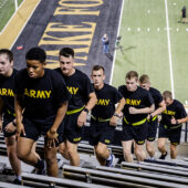 Wake Forest and Winston-Salem State ROTC cadets, city firefighters, police cadets, and members of the campus community climb 2997 stairs at BB&T field to commemorate those killed in the 9/11 attacks, on the 17th anniversary on Tuesday, September 11, 2018.