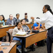 Wake Forest students in the First Year Experience class have a wide ranging discussion of the liberal arts, AP class credit, divisional requirements, and required language classes with professors Nate French and Chris McLaughlin, in Carswell Hall on Wednesday, November 6, 2019.