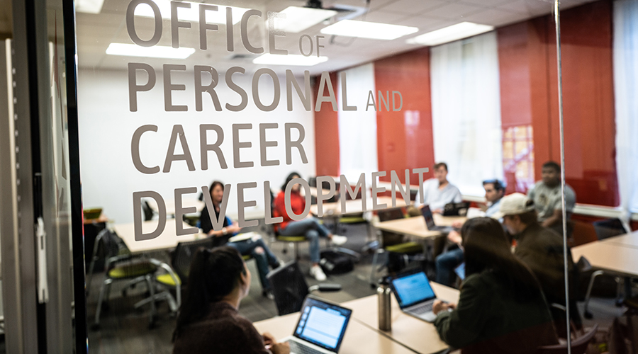 Office of Professional and Career Development on glass wall