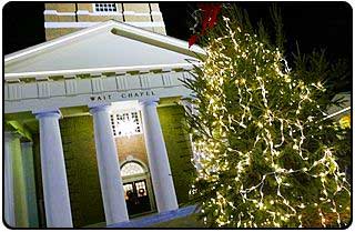 White lights in front of Wait Chapel