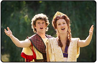 Wake Forest Univeristy seniors Rebecca Newby and Joseph Hipps as Queen Dido and Aeneas, the Trojan prince.