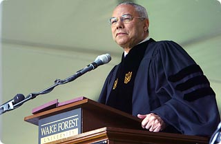 U.S. Secretary of State Colin Powell addresses WFU graduates.