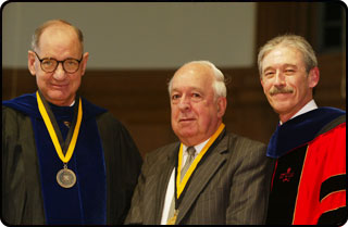 President Hearn (left), Professor Wilson (center) and Provost Gordon at the Medallion of Merit presentation.