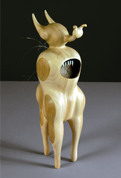 Leigh Ann Hallberg, 2004; "de rivando: schizocerca diversicornis", Mixed media on laminated wood, 18" x 5 3/8" x 5"