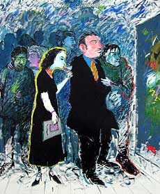 From the Ted Potter Exhibit, The Opening ("If you buy THAT I'll leave you.") Acrylic on canvas, 2001; 72"x60"