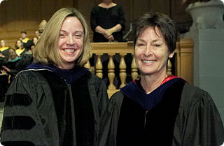 Sara Watts, right, was presented with the Jon Reinhardt Award for Distinguished Teaching by Deborah Best, dean of the College.