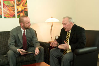 Jack Bishop (right) meets with Jack Wilkerson, dean of the Calloway School.