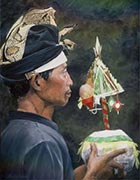 Oil painting of a man making an offering in Bali.