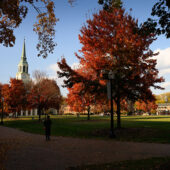 Campus beauty shot of Wait Chapel and Hearn Plaza