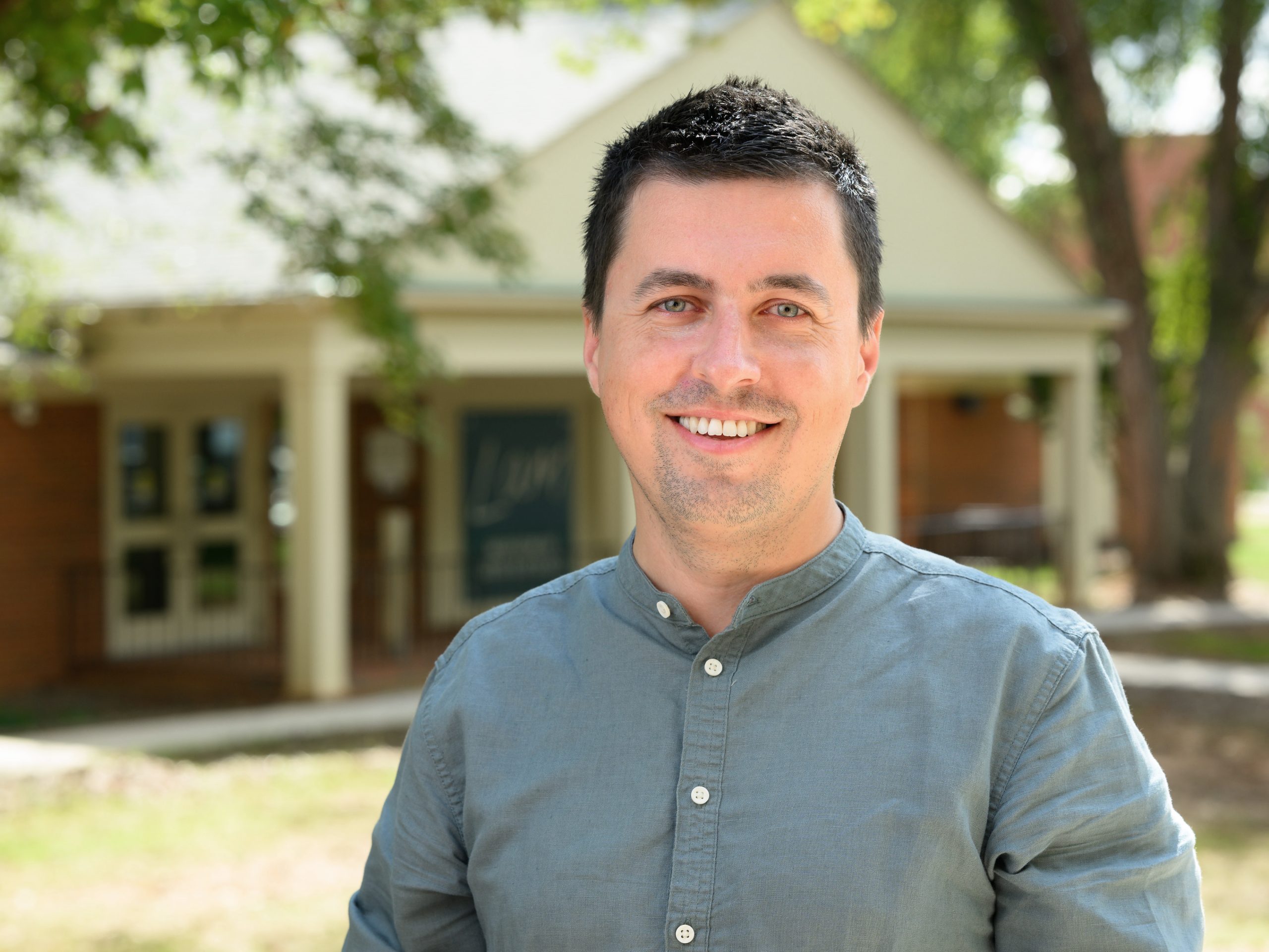 Environment & Sustainability Studies Prof. Ovidiu Csillik poses for portraits outside of Palmer Hall on Tuesday, October 1, 2024.