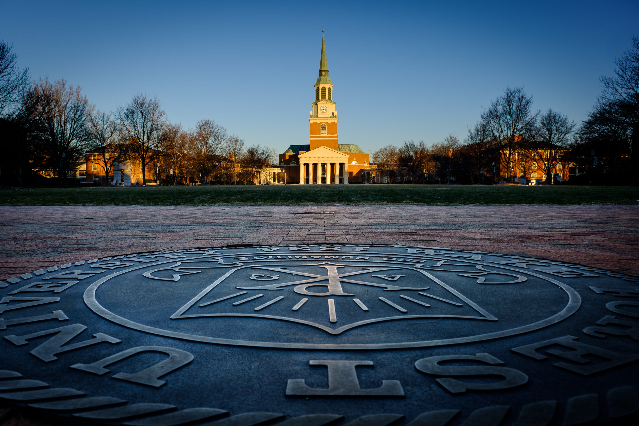 The Wake Forest campus is lit by the rising sun, early in the morning of Sunday, February 6, 2022.