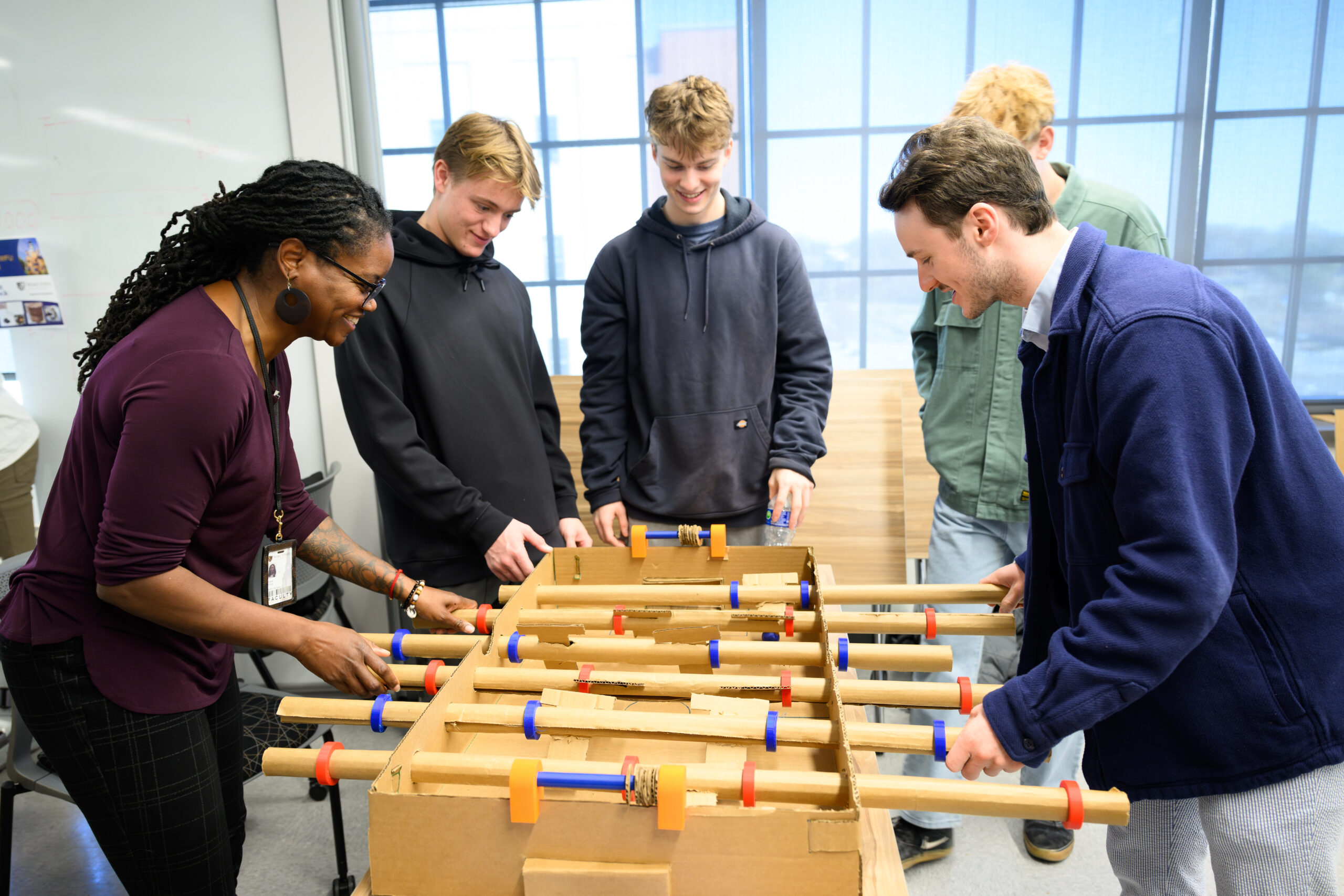 Wake Forest University students in Engineering Prof. Tricia Clayton’s ENG 111 put together and display their cardboard creations fit to the theme of ‘recreational items’ for the Cardboard Showcase on Friday, December 6, 2024 at Wake Downtown.