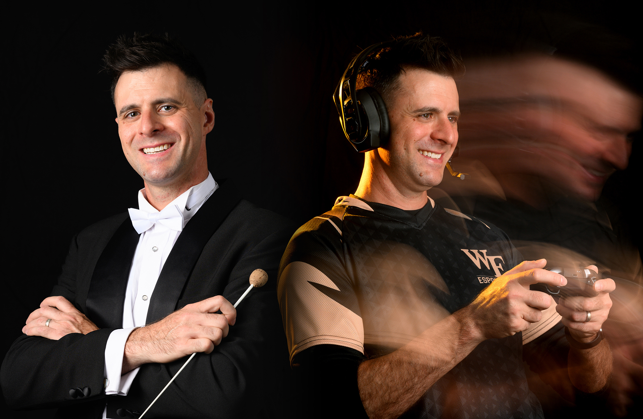 Music Prof. Aaron Hardwick poses for portraits in the studio at Alumni Hall on Thursday, July 27, 2023. Aaron teaches a class on ludomusicology. National Gaming Week is the first week in August.