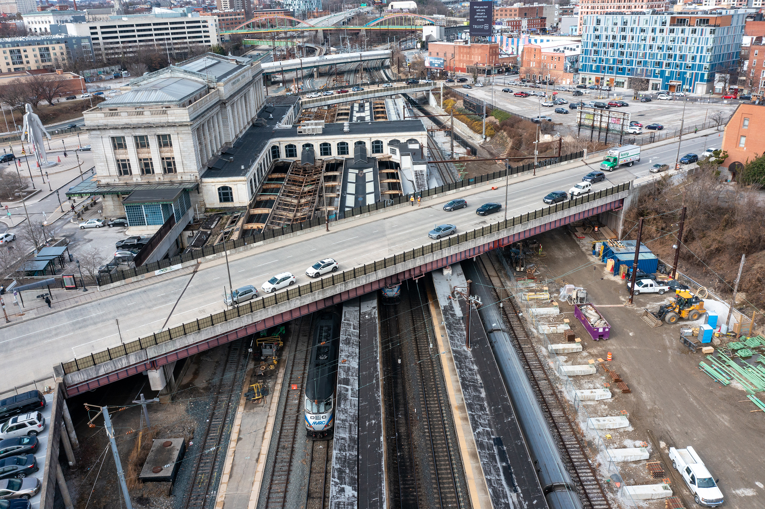 Baltimore Maryland - February 23, 2022: Aerial View of a Penn Station in Baltimore looking North