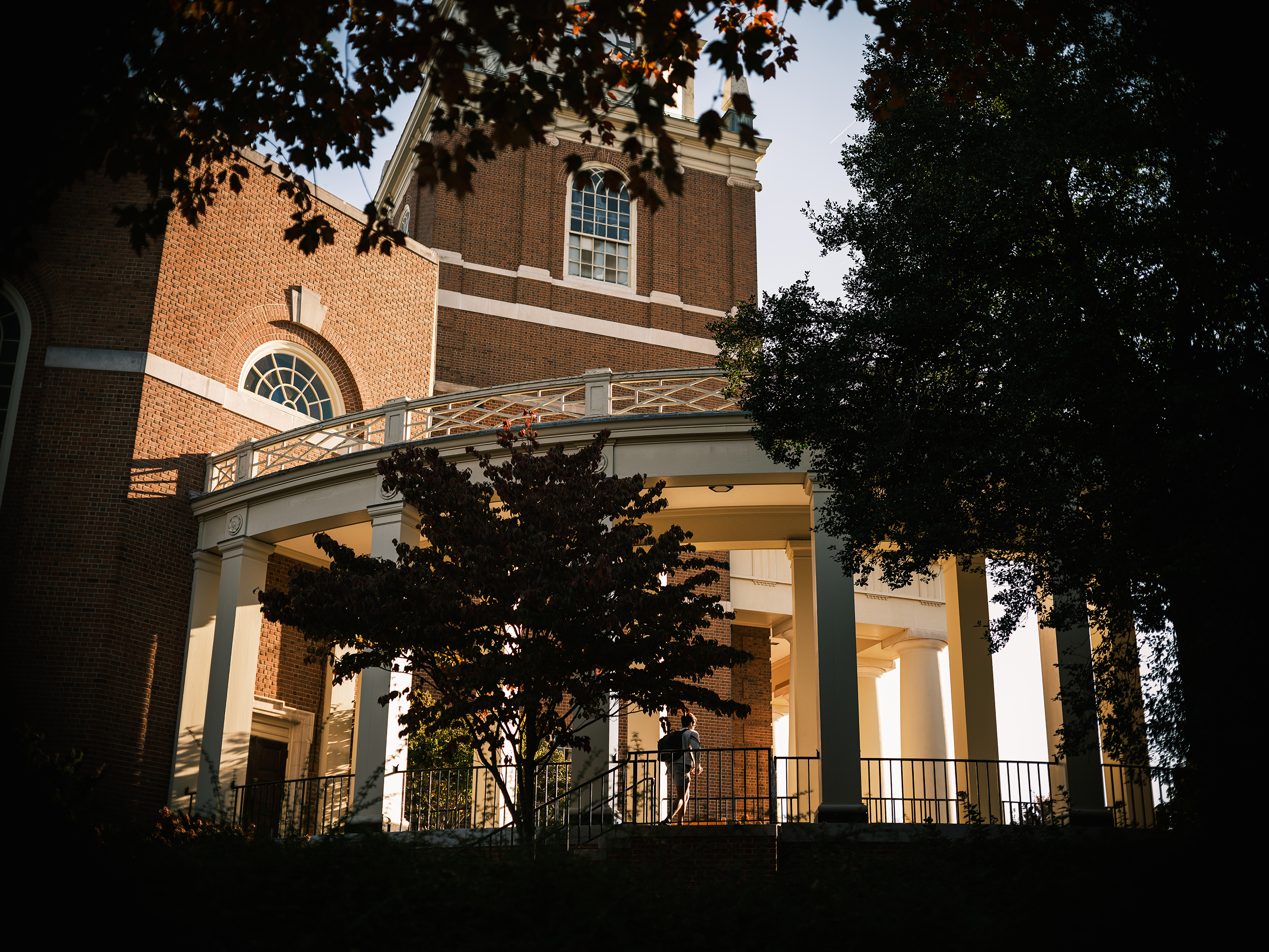 The early morning sun lights Wait Chapel, on the campus of Wake Forest University on Tuesday, October 25, 2022.