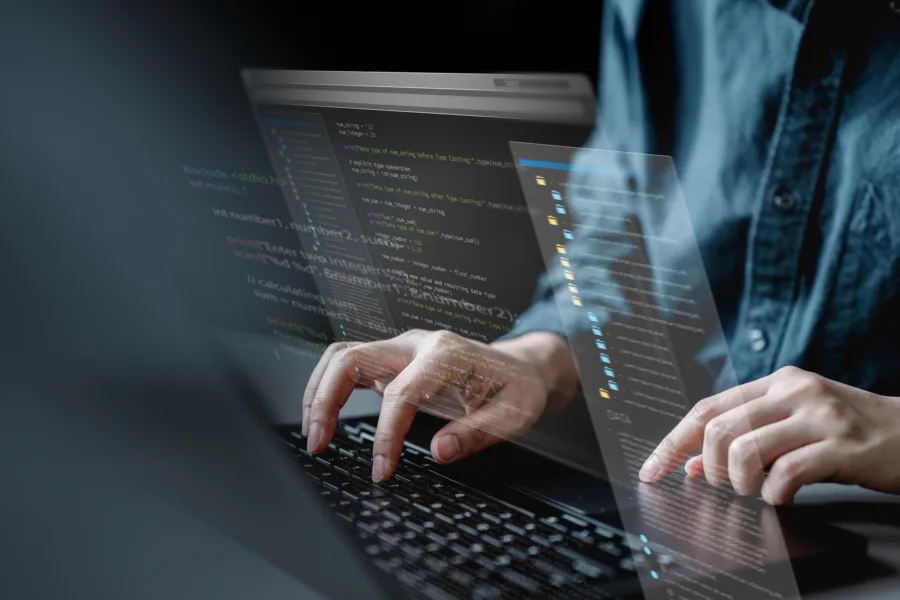 Software development business concept. Programmer coding computer. Developer programming web application technology. Software engineer. web developer. laptop typing coding tech.